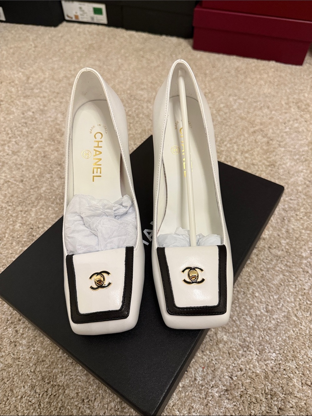White Leather Square-Toe Loafers with Black Trim and Gold CC